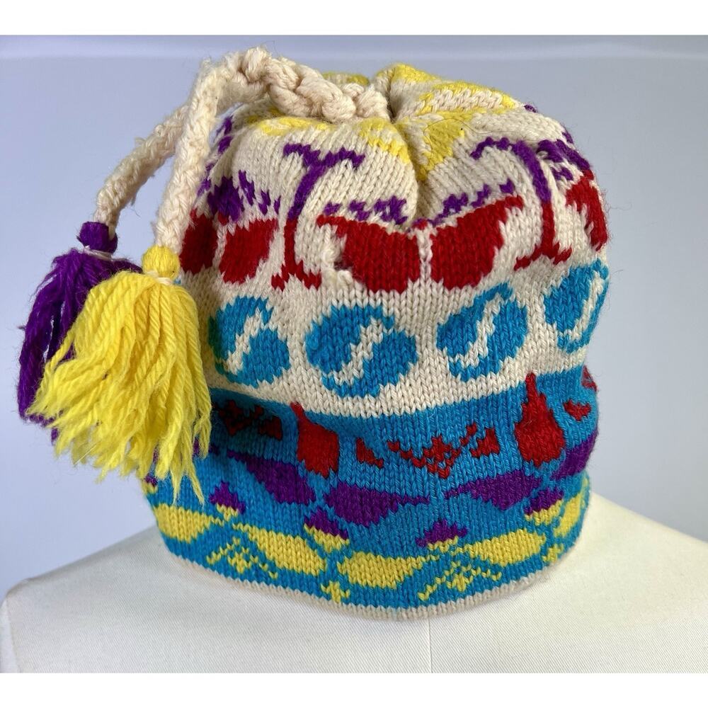 Vtg‎ Murray Merkley Hand Knit Wool Ski Hat 80s Bright Resort Mountain